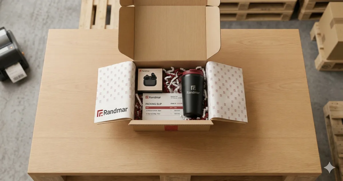 Neatly packed Randmar shipping box with products and packing slip on a warehouse table