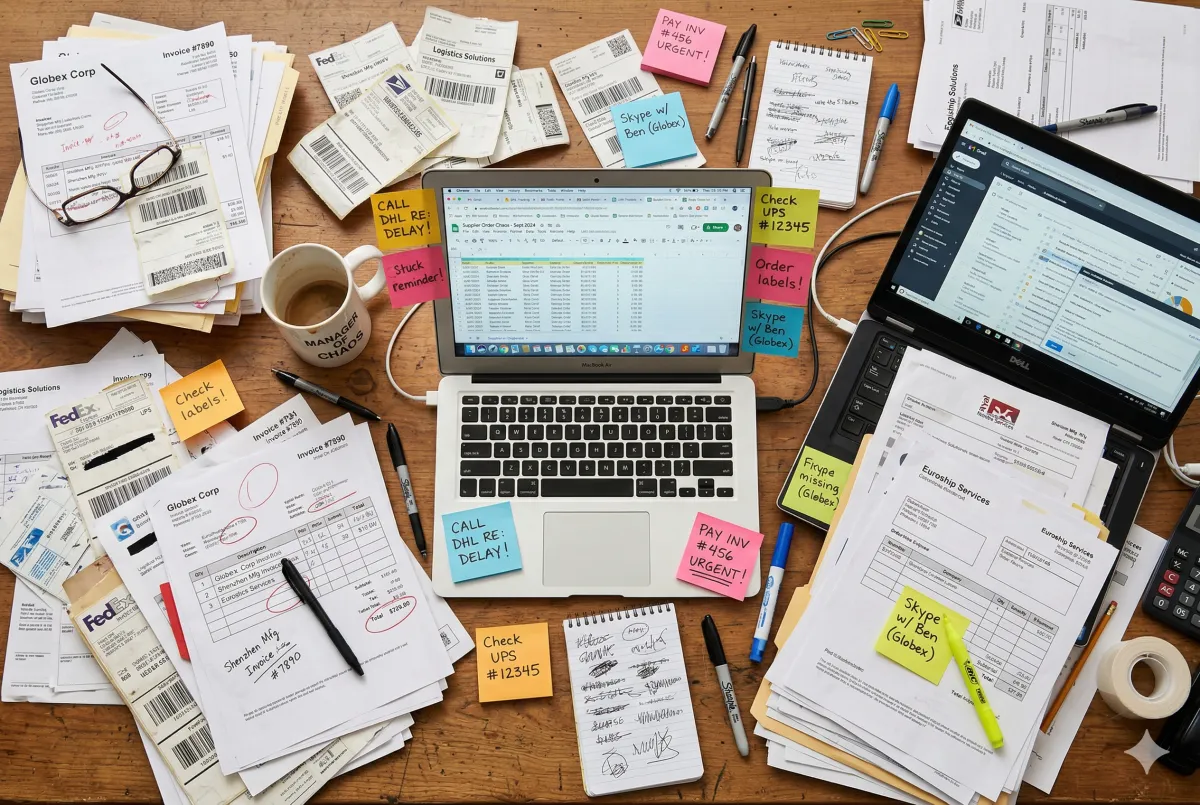 A cluttered reseller's desk with multiple invoices, shipping labels, and browser tabs open, illustrating the hidden cost of juggling multiple suppliers.