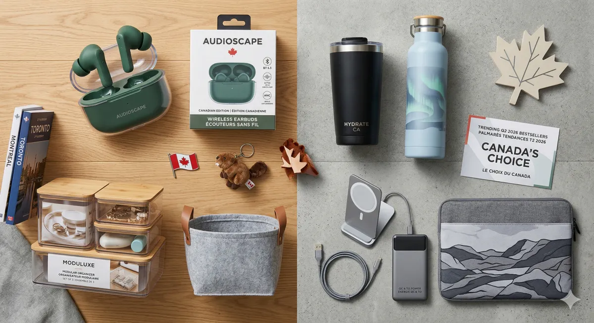 A flat-lay of trending Q2 2026 products for Canadian resellers including wireless earbuds, drinkware, home storage, and tech accessories