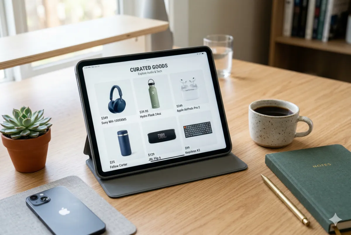 Tablet showing a well-organized product catalog with various Randmar products including audio equipment and drinkware on a desk.