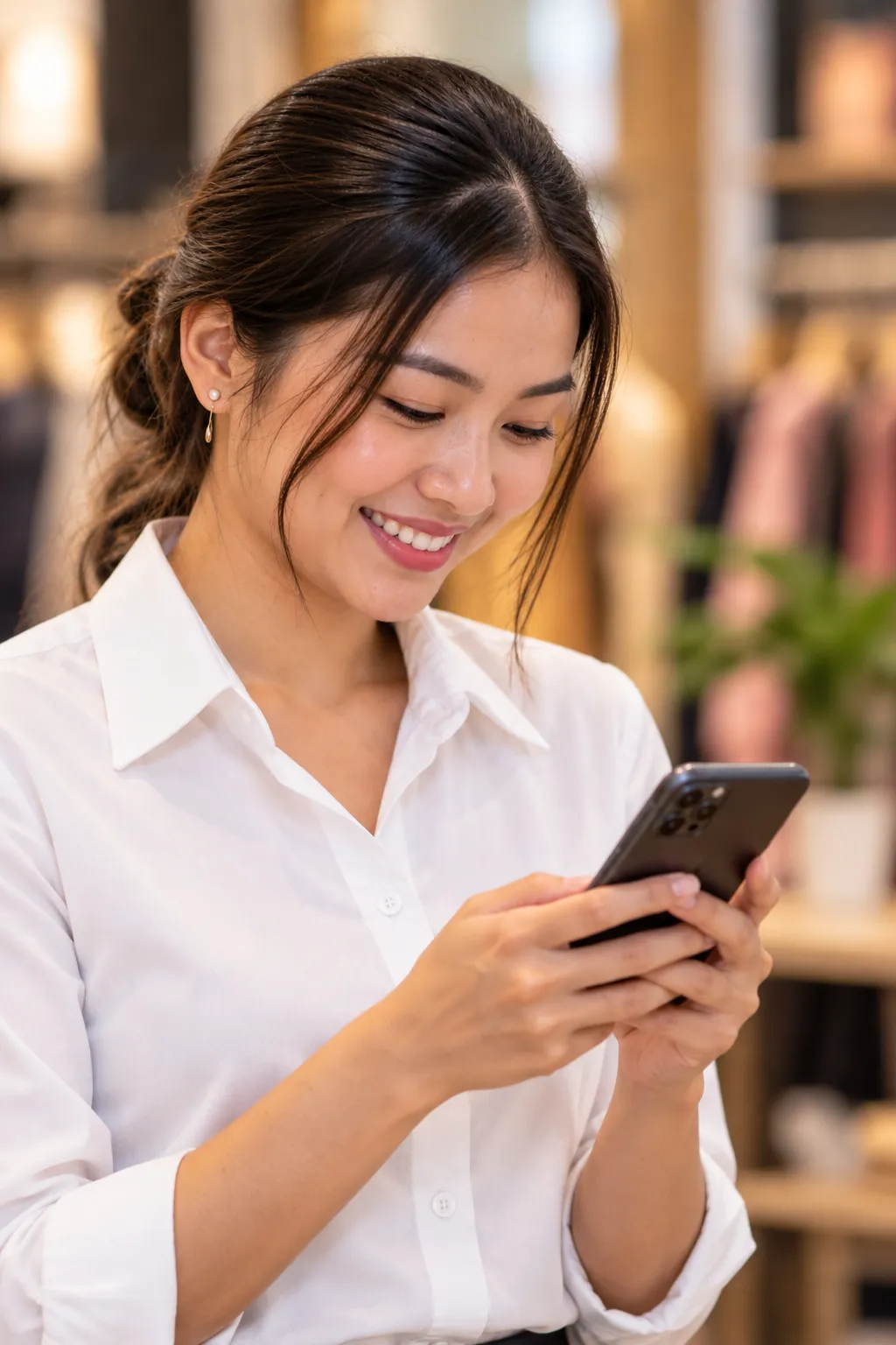 Local Manipur boutique owner managing sales inquiries on smartphone in modern textile shop