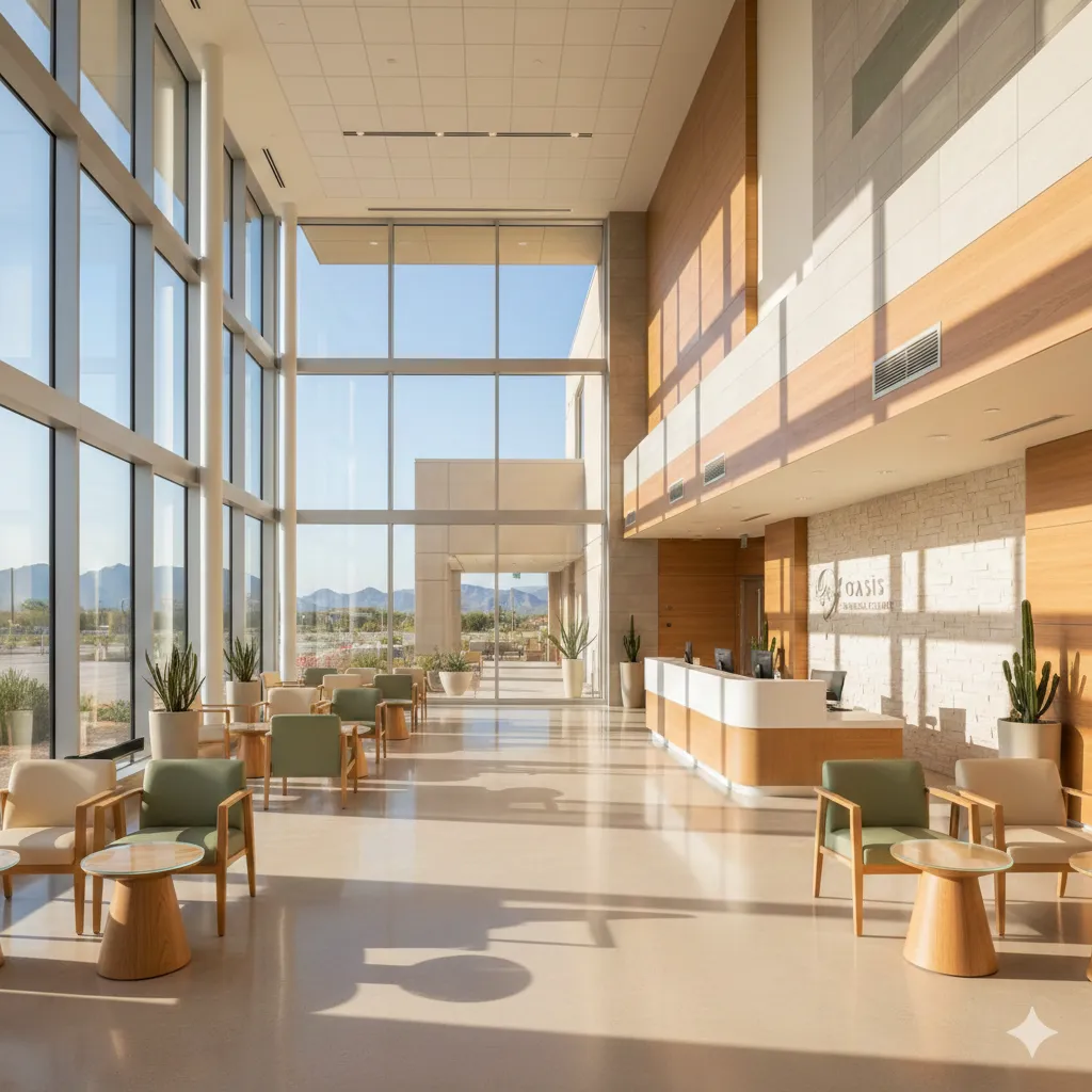 Commercial building with storefronts and awnings