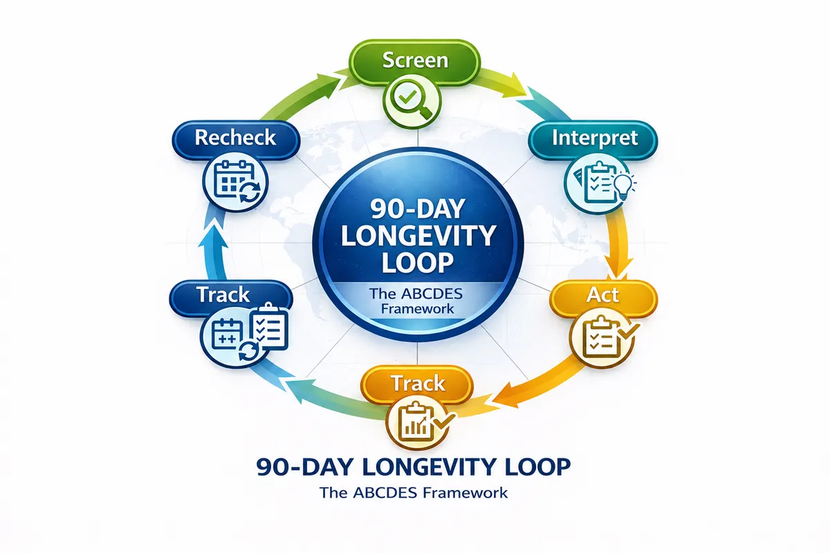 Longevity feedback loop infographic: Screen, Interpret, Act, Track, Recheck