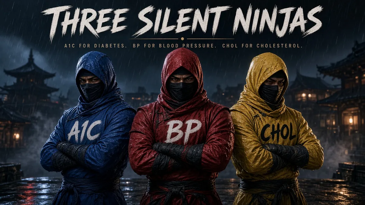 Three Silent Ninjas infographic: blood pressure, diabetes, cholesterol