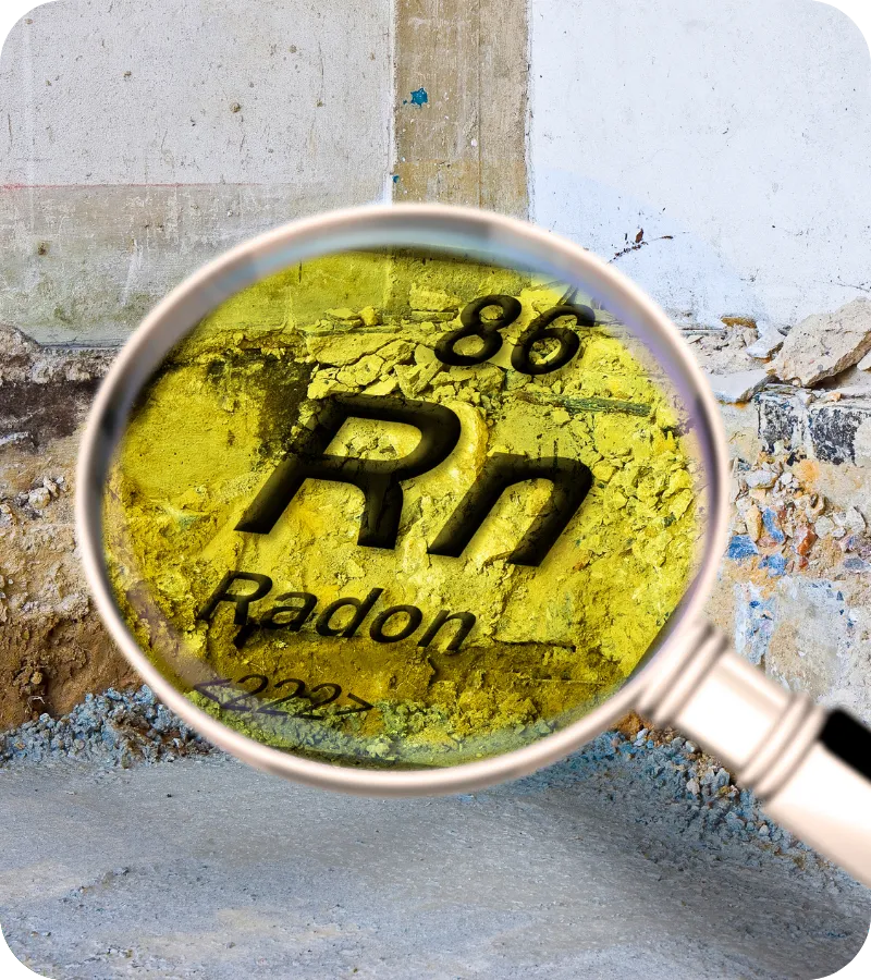 Magnifying glass over radon element symbol showing radon testing in Wilmington, DE for indoor air safety.