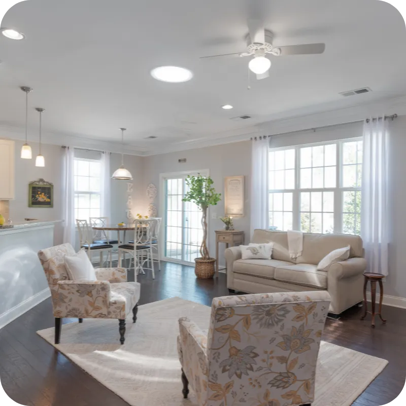 Bright and cozy living room with modern furniture featured for a home inspection in Dover, DE.