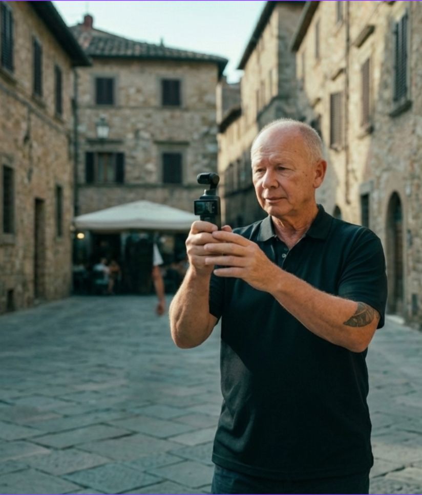 Friendly instructor smiling, holding a DJI Pocket 3 in a travel location.