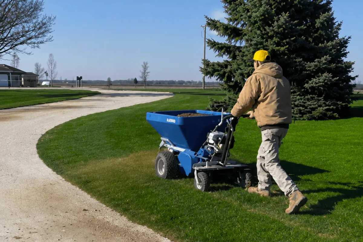 Crew member applying turf topdressing with a spreader on a residential lawn
