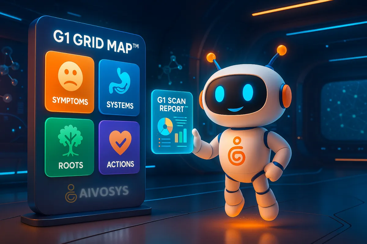 AIVOBOT showing G1 SCAN REPORT™ in futuristic diagnostics lab