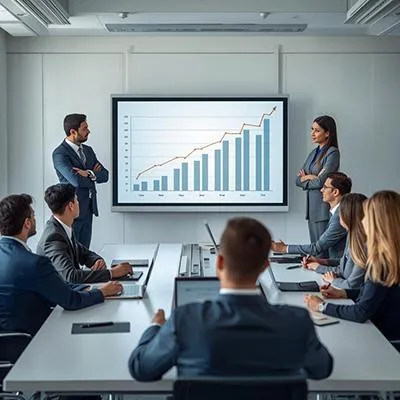 Photo of male and female business people gathered around a table in a meeting room looking at a growth chart on a screen at the front of the room.
