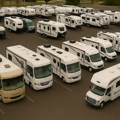 photo of an RV dealer's lot with different classes of RVs