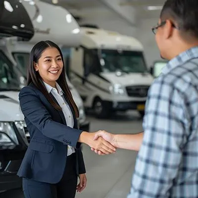 Female RV salesperson shaking hands with a male customer