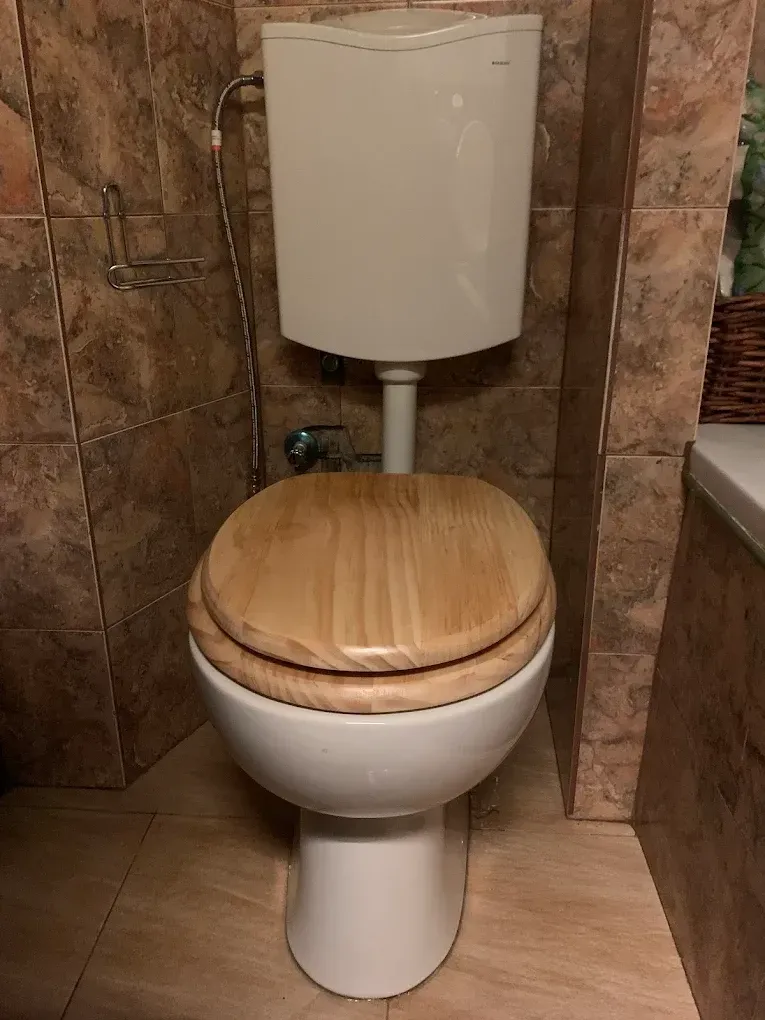 Egy hagyományos, padlóra rögzített fehér vécécsésze látható, amelyen egy világos, fenyőfából készült vécéülőke van. A vécé fölött a falon egy fehér műanyag tartály (Geberit) helyezkedik el. A vécét körülvevő falakat barna, márványmintás csempék borítják. Bal oldalon egy fém toalettpapír-tartó, mögötte pedig egy sarokszelep és flexibilis cső látható.