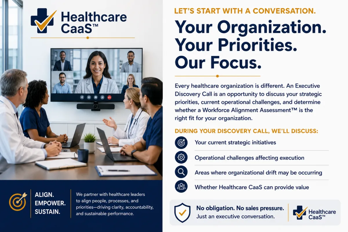 Healthcare executive discovery call with Healthcare CaaS to discuss workforce alignment, organizational drift, and operational performance improvement.