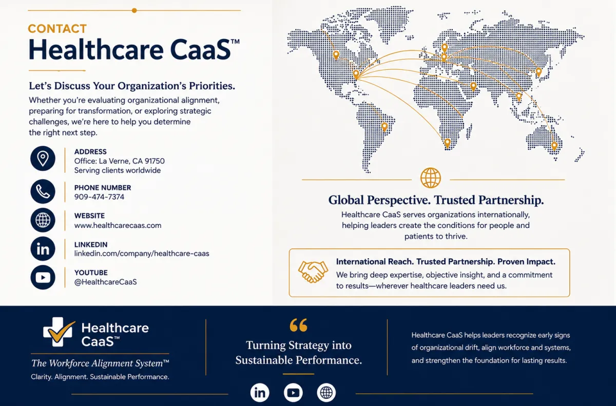 World map illustrating Healthcare CaaS providing executive advisory services and Workforce Alignment Assessments™ for healthcare organizations worldwide.