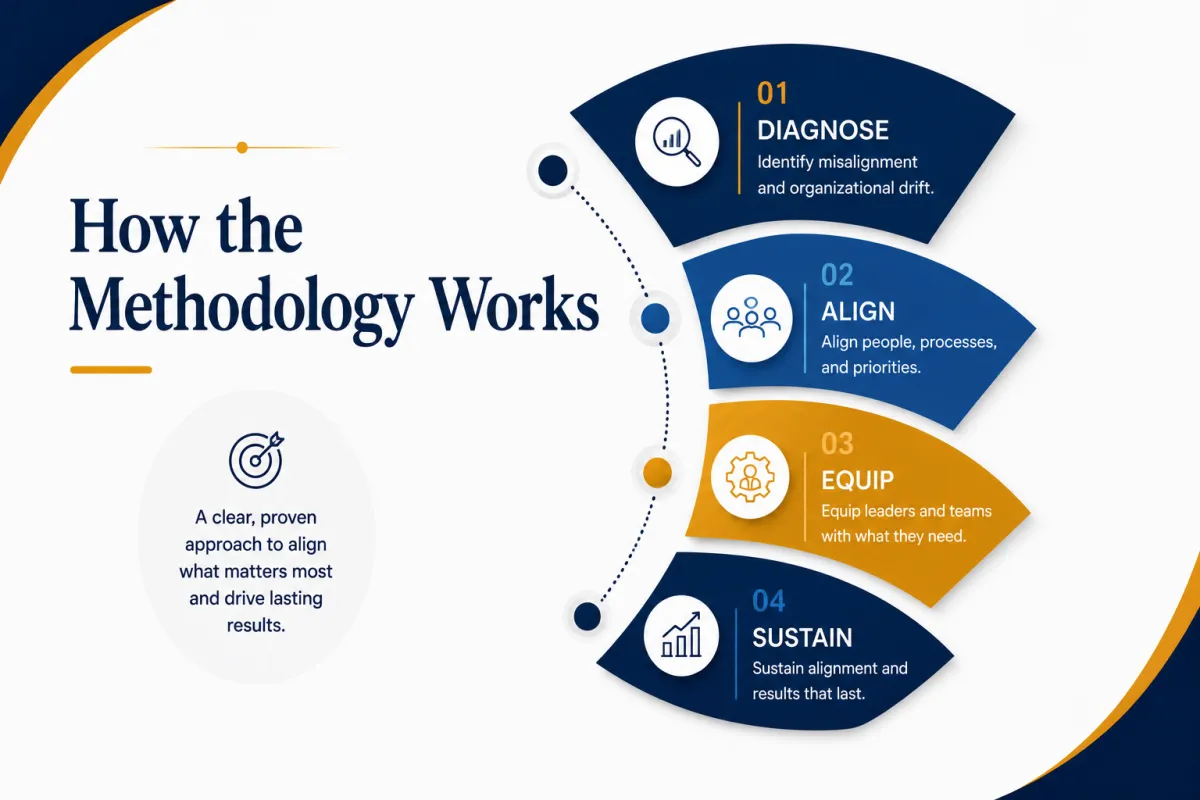 Healthcare CaaS four-phase methodology showing how the Workforce Alignment System™ helps healthcare organizations diagnose organizational drift, align leadership and operations, equip teams, and sustain long-term performance.
