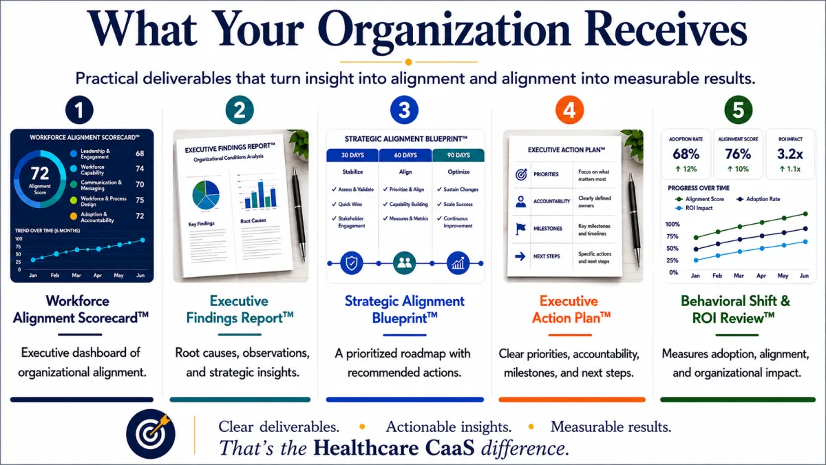 Executive assessment deliverables from Healthcare CaaS including a Workforce Alignment Scorecard™, Strategic Alignment Blueprint™, and leadership recommendations.