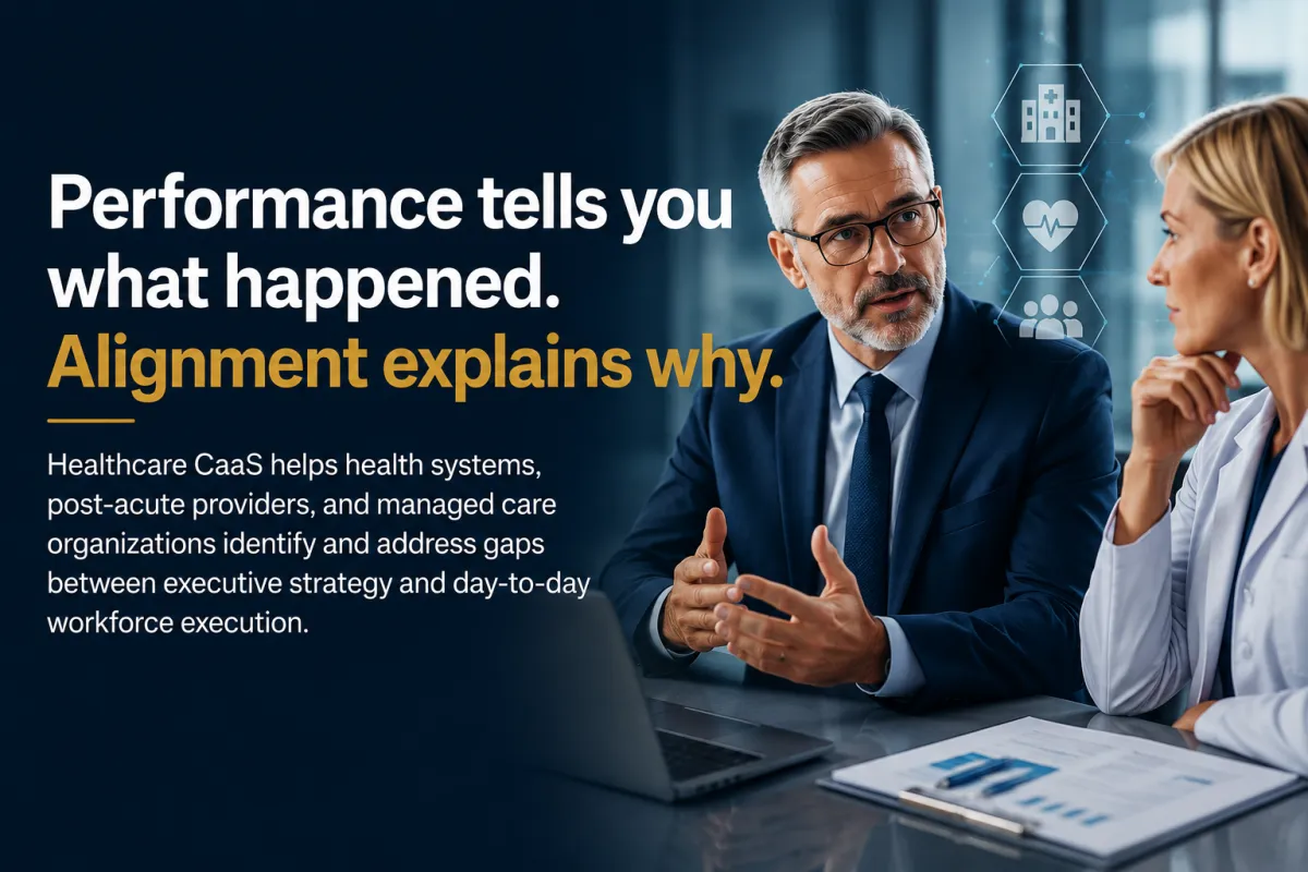 Healthcare leaders discussing performance and workforce alignment between executive strategy and day-to-day operations.