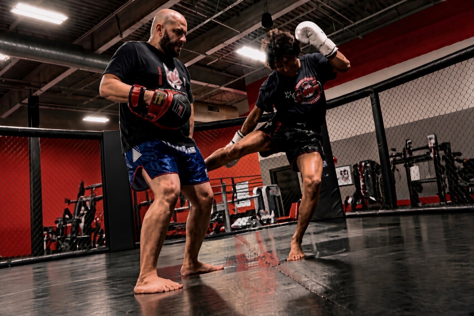 A kickboxing student throwing a low kick into a coach's pad during partner drills at X-Zen Sports