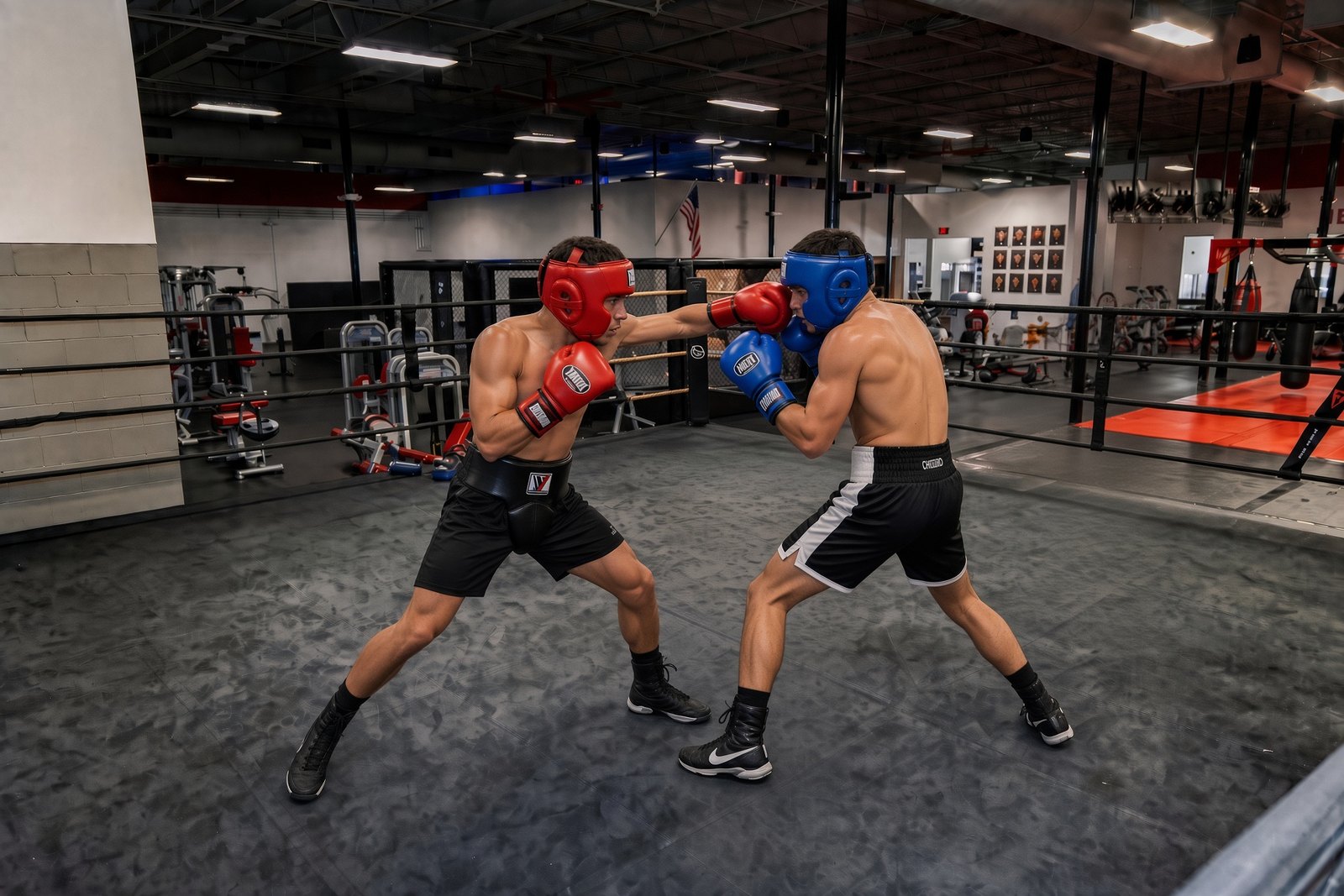 Two boxers in headgear and gloves squaring up in the ring at X-Zen Sports