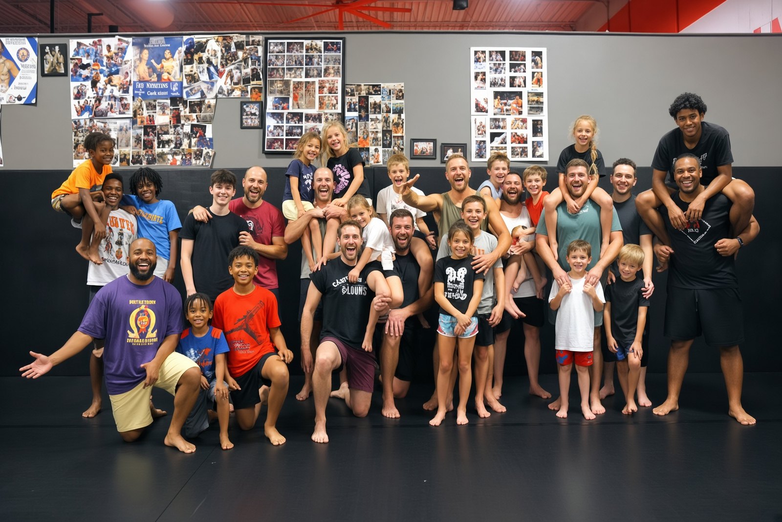 A group of dads and kids together on the mat after class at X-Zen Sports