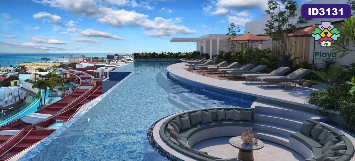 Coastal city skyline with high-rise buildings and beach.