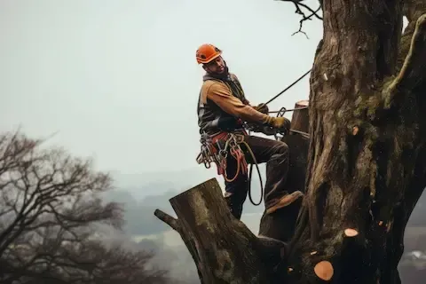 Experienced arborist in safety gear climbing oak tree for maintenance work