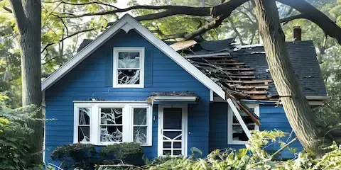 Storm damaged home with fallen tree on roof requiring emergency tree removal