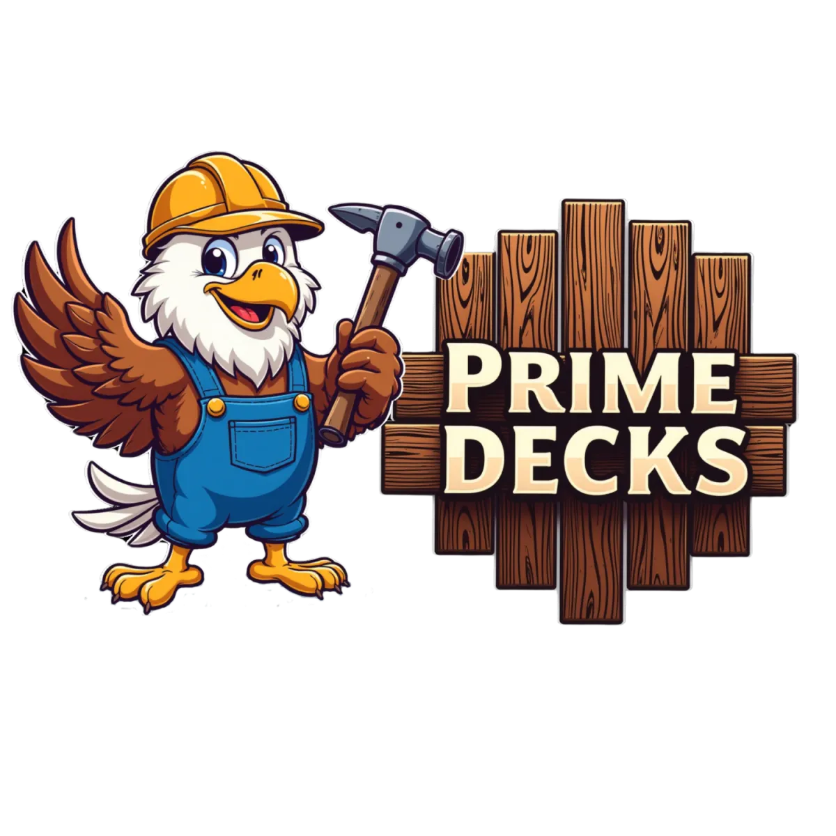 Prime Decks LLC logo with eagle mascot holding a hammer