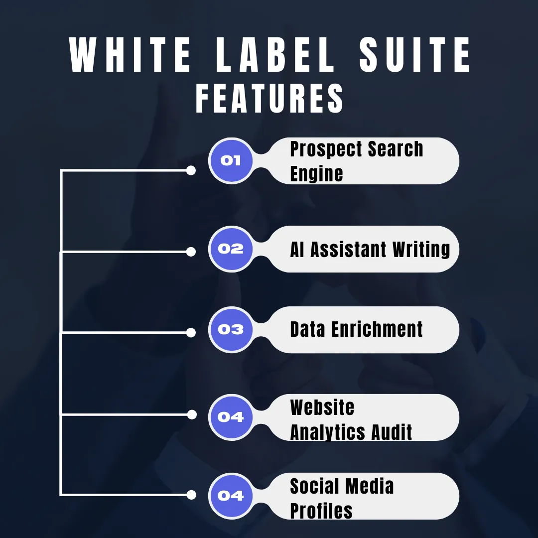 White Label Suite features: prospect search, AI writing, data enrichment, website audits and social profiles