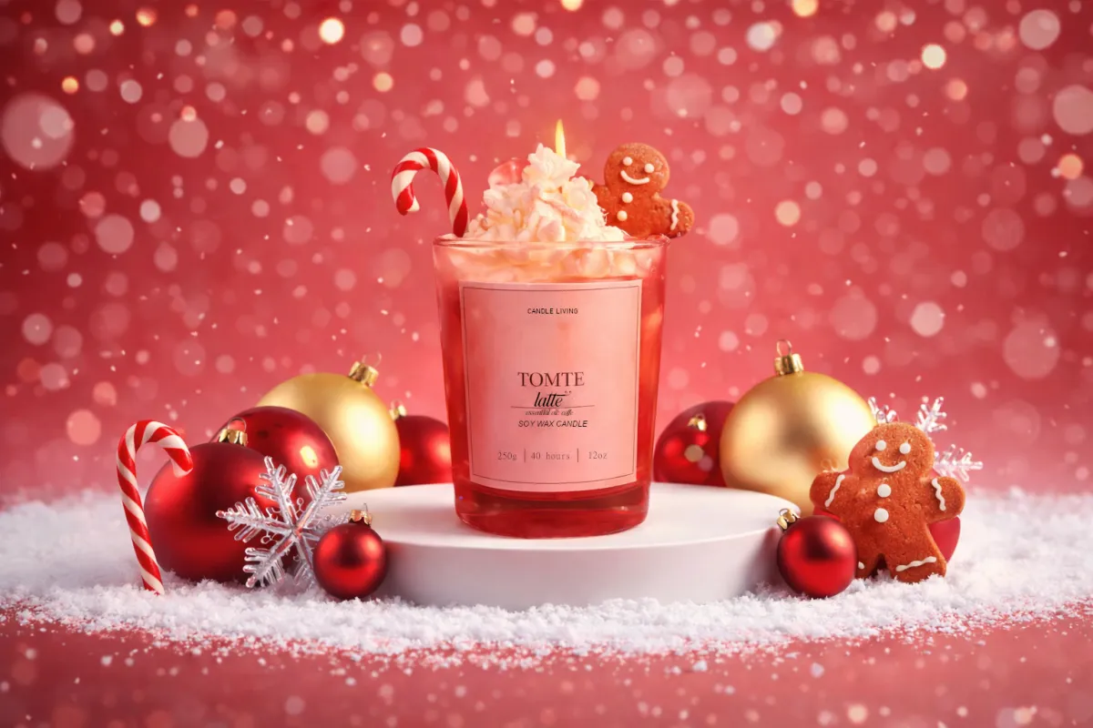 Tomte Latte doftljus – handgjord sojavaxljus med kaffedoft, perfekt för vintermys och julstämning