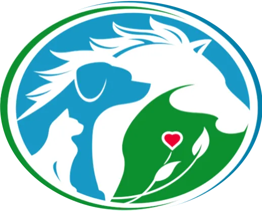 logo with artistic drawing of a cat, a dog and a horse