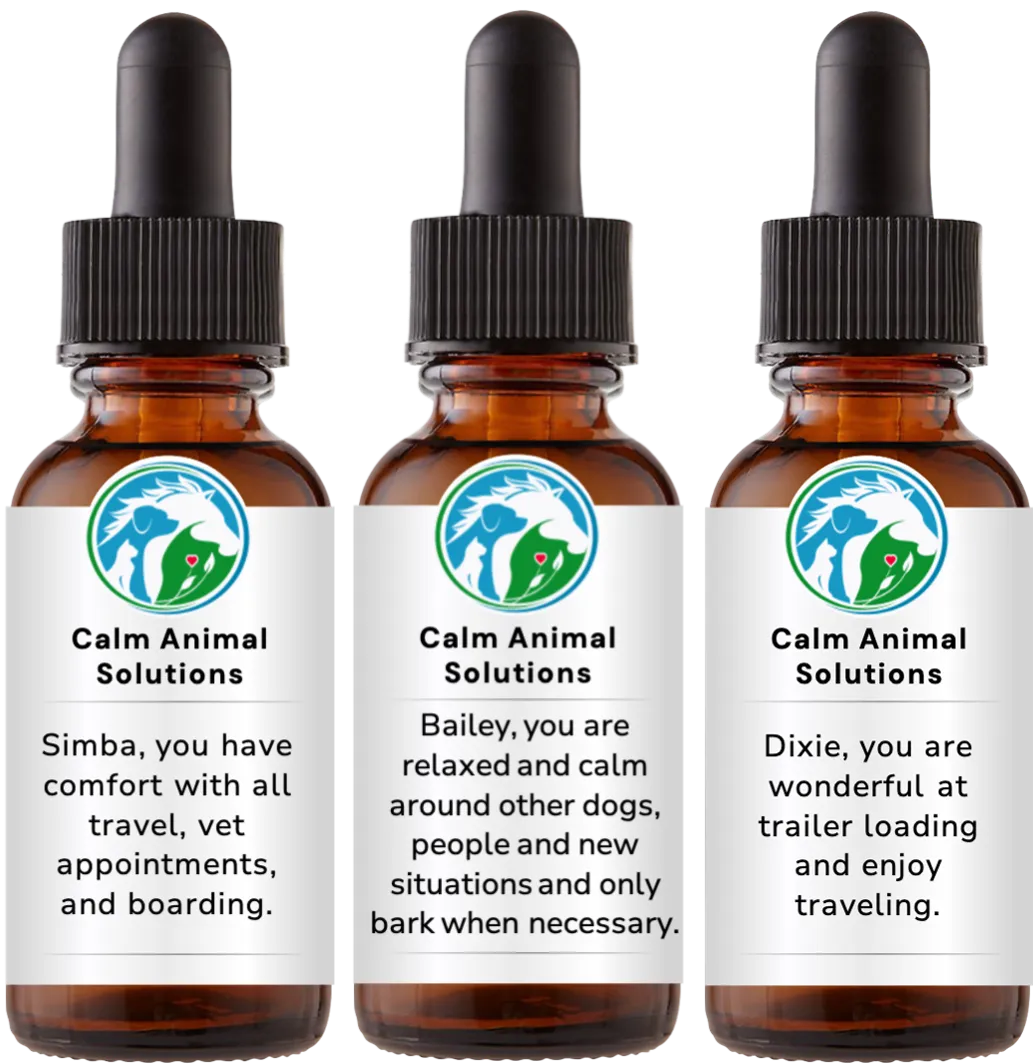 3 brown dropper bottles with animal communicator Catherine Winfree's Calm Animal Solutions label 