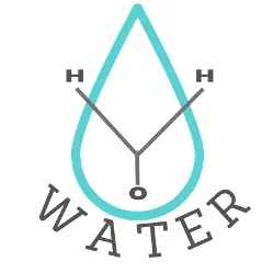 icon showing molecular representation  of water against a turquoise water drop 