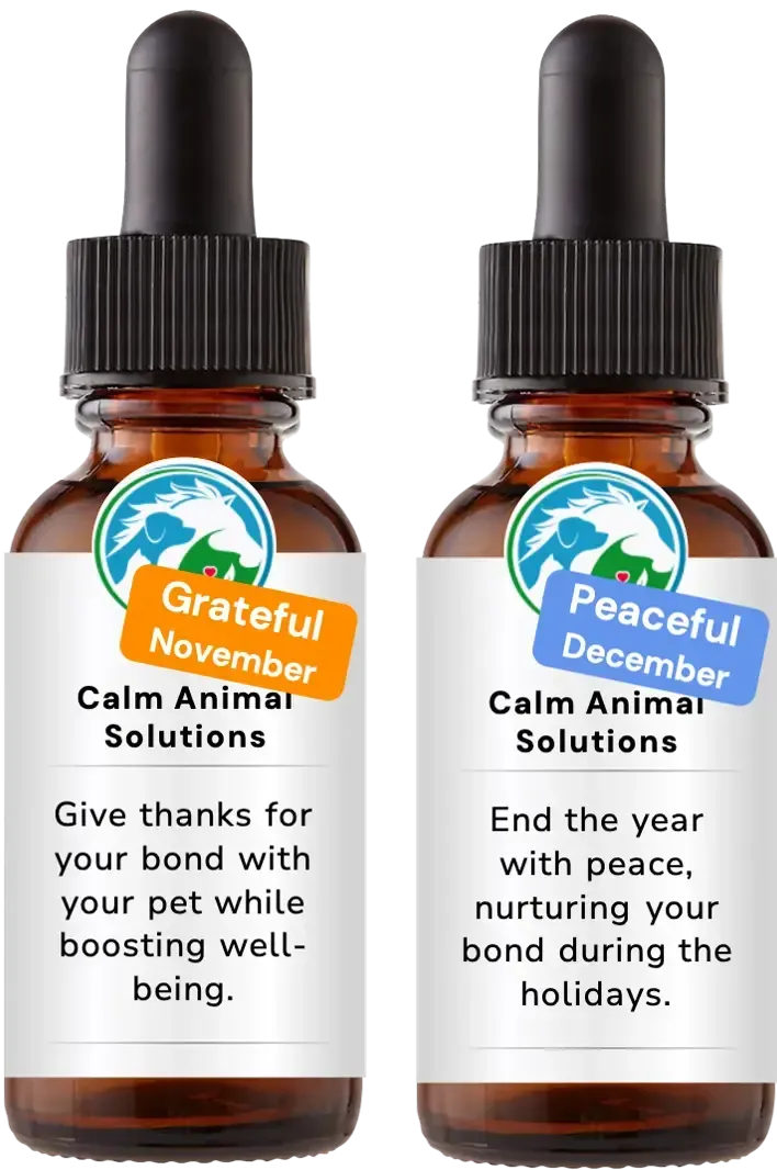 2 brown dropper bottle with white calm animal solutions label 