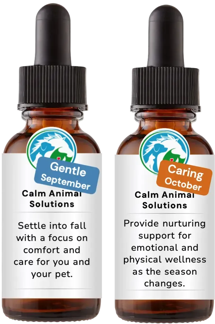 2 brown dropper bottle with white calm animal solutions label 