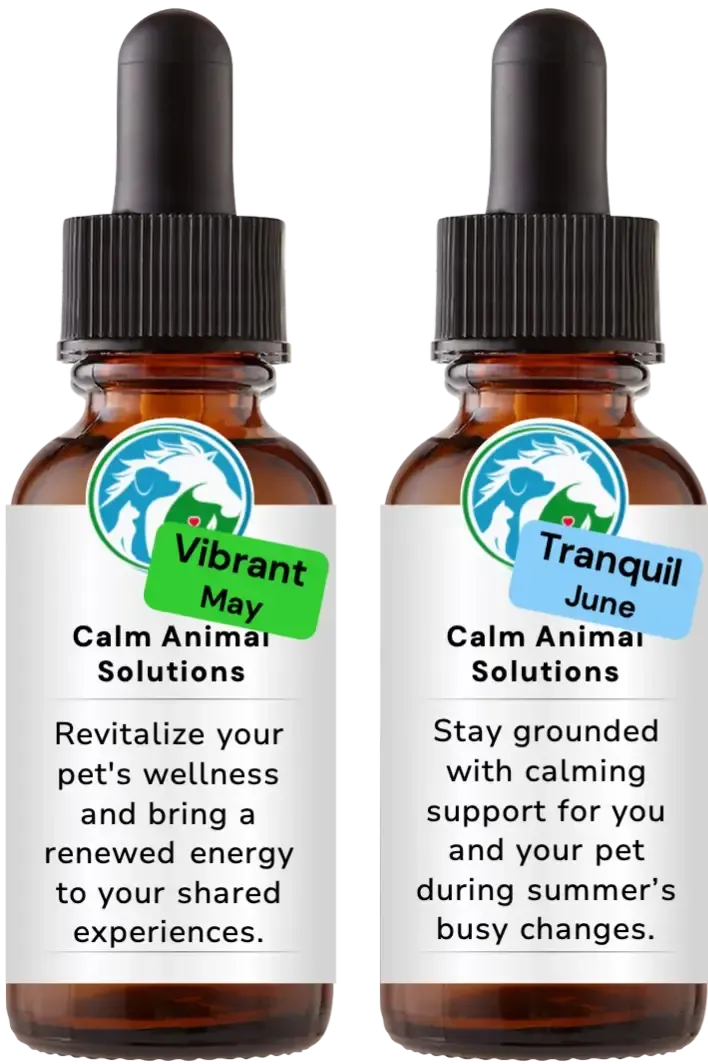 2 brown dropper bottle with white calm animal solutions label 