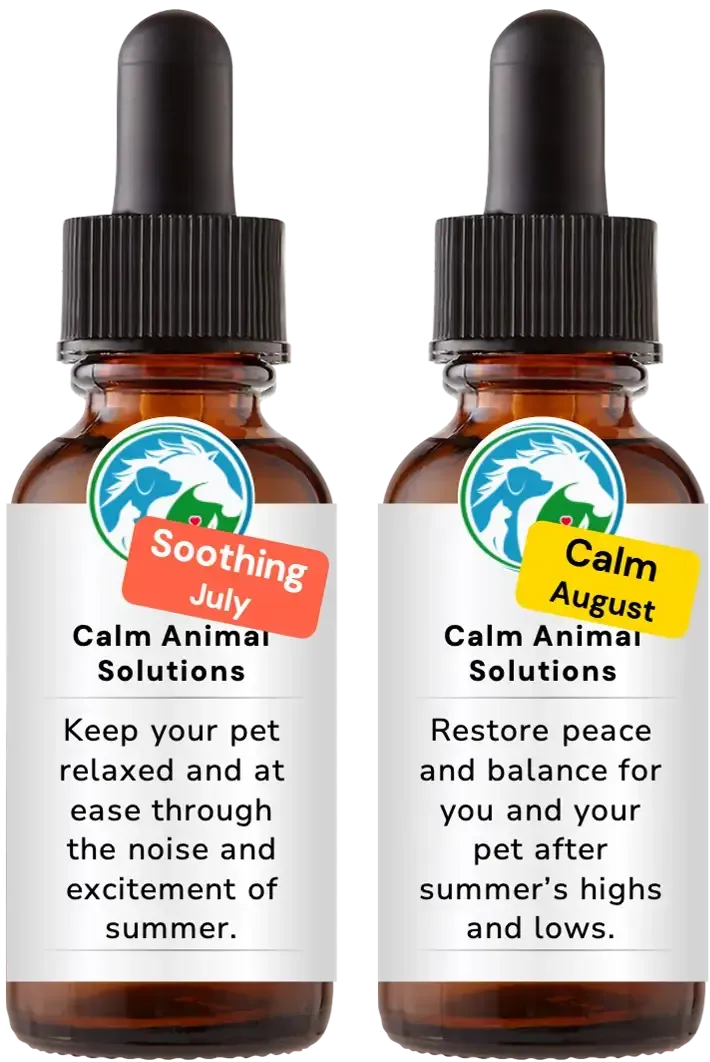 2 brown dropper bottle with white calm animal solutions label 