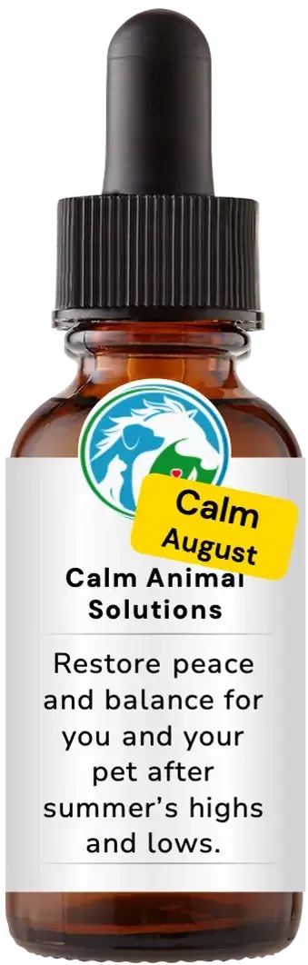 brown dropper bottle with white calm animal solution label 