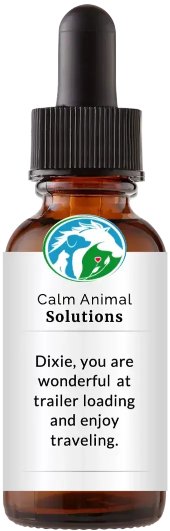 brown dropper bottle with animal communicator Catherine Winfree's Calm Animal Solutions label 