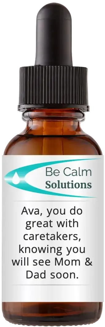 brown dropper bottle with Catherine Winfree's Be Calm Solutions label