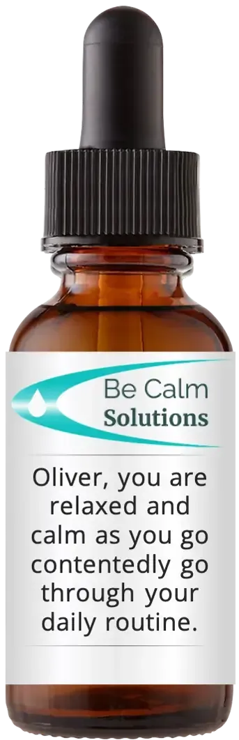 brown dropper bottle with Catherine Winfree's Be Calm Solutions label