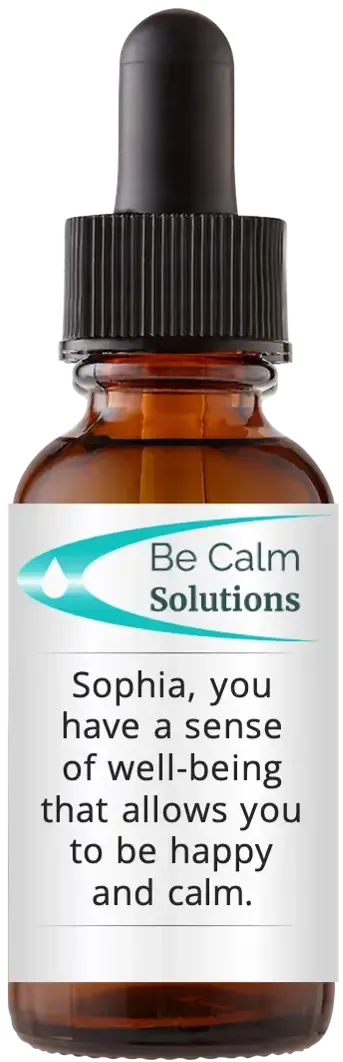 brown dropper bottle with Catherine Winfree's Be Calm Solutions label