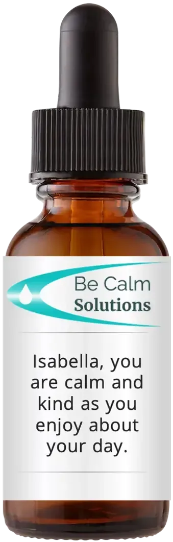 brown dropper bottle with Catherine Winfree's Be Calm Solutions label