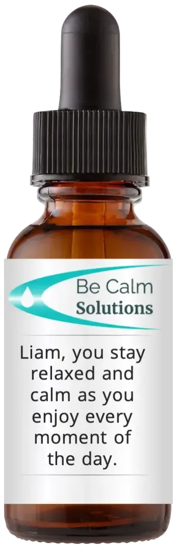 brown dropper bottle with Catherine Winfree's Be Calm Solutions label