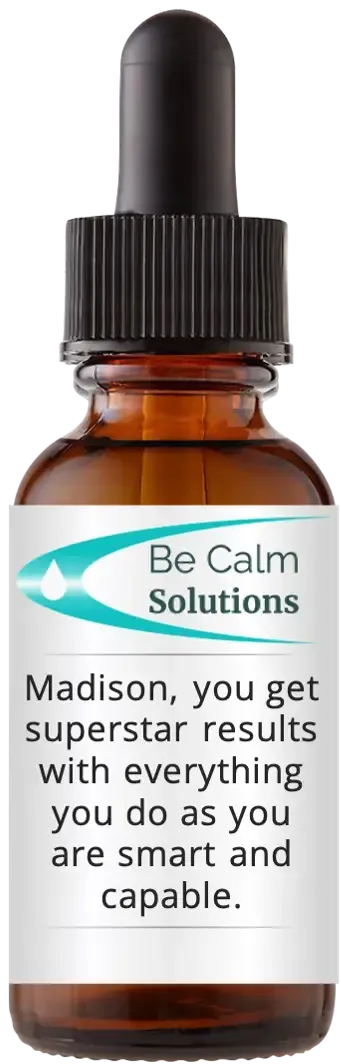 brown dropper bottle with Catherine Winfree's Be Calm Solutions label