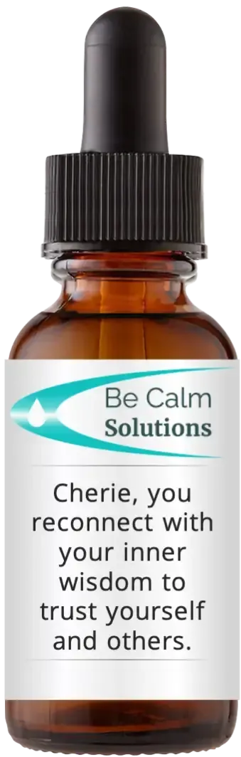 brown dropper bottle with Catherine Winfree's Be Calm Solutions label