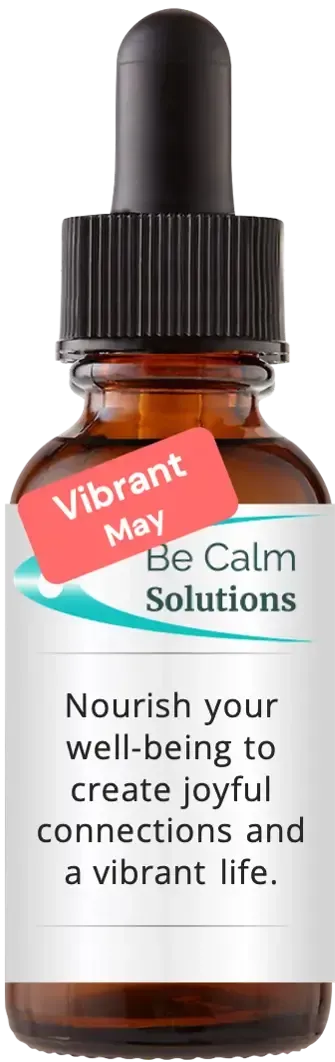 brown dropper bottle with Catherine Winfree's Be Calm Solutions label