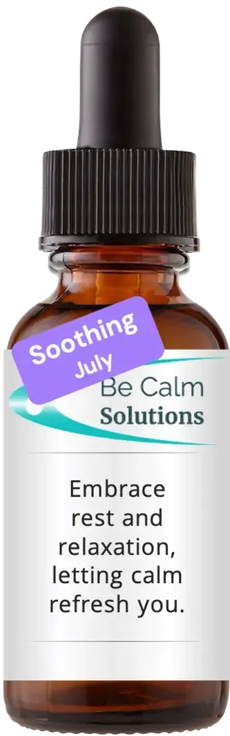 brown dropper bottle with Catherine Winfree's Be Calm Solutions label