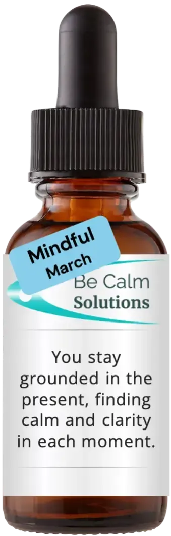 brown dropper bottle with Catherine Winfree's Be Calm Solutions label